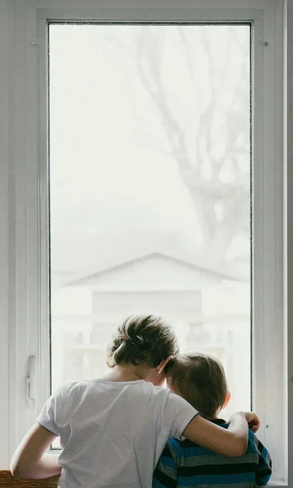 Young brothers looking out window together